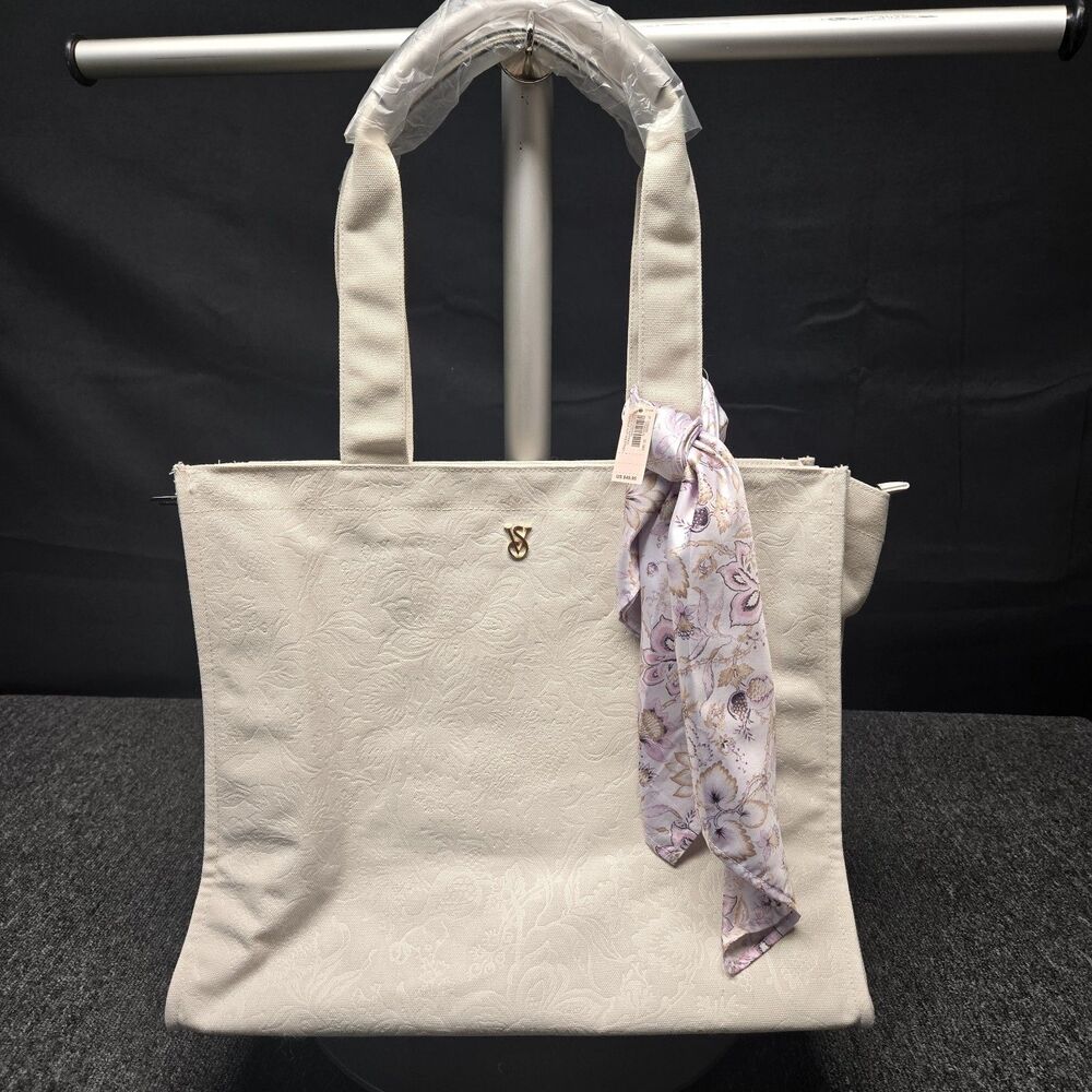 Victoria’s Secret Tote Bag Floral Embossed Cream w/ Satin Scarf NWT Travel Purse
